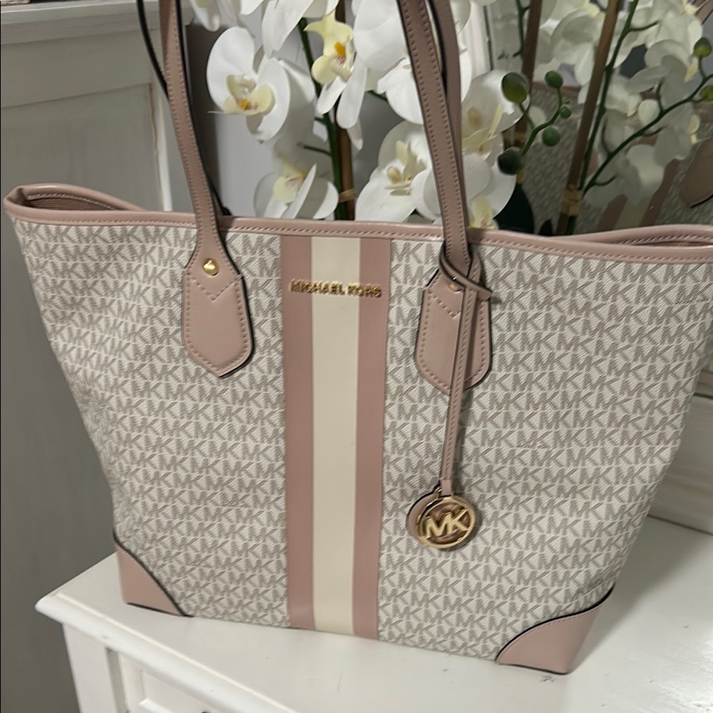Michael Kors Cream and Pink Monogram Tote